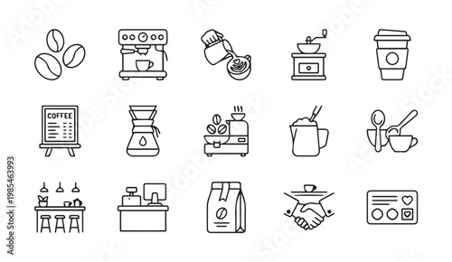 Coffee shop and cafe service thin line icons set with espresso, interior