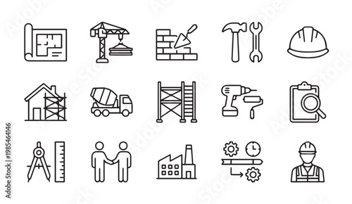 Construction and industrial engineering line icons collection with construction