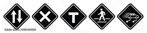Set of black diamond shaped road signs indicating two way traffic, intersection, T intersection, pedestrian crossing, and slippery road conditions for driving safety information and