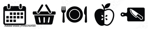 Versatile collection of black and white food related icons for meal planning, grocery shopping, cooking preparation, and healthy eating applications.