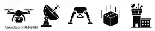 Modern technology and communication vector symbols for drone delivery, satellite communication, spacecraft exploration, and logistics operations including air traffic control applications.