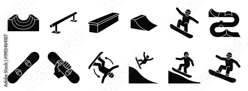 Snowboarding icons featuring snowpark obstacles like halfpipe, rail, box, ramp, quarter pipe, and snowboarders performing various tricks for extreme winter sport graphics