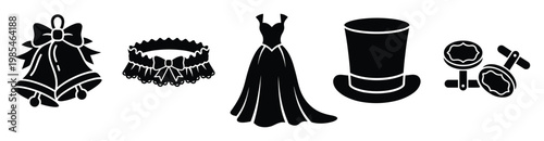 Wedding bells garter wedding dress top hat cufflinks collection for wedding celebration and formal event graphics invitations and party decorations