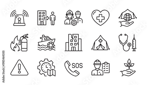 Emergency response and safety disaster relief icon set with emergency, disaster