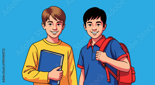 Two young boys smiling while holding a book and carrying a backpack, representing education and school life