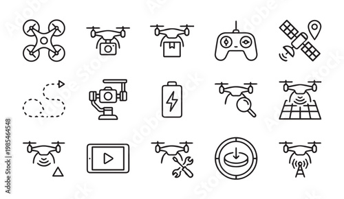 Collection of line icons representing drone technology and aerial operations