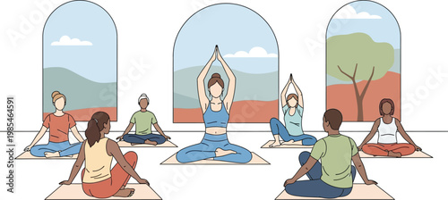 A diverse group of people engaging in a peaceful yoga and meditation session inside a bright studio with scenic window views.