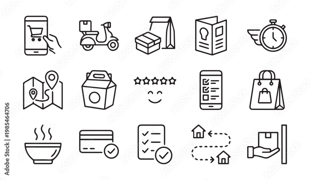 Fototapeta premium Online food delivery and e commerce service line icon set with e commerce
