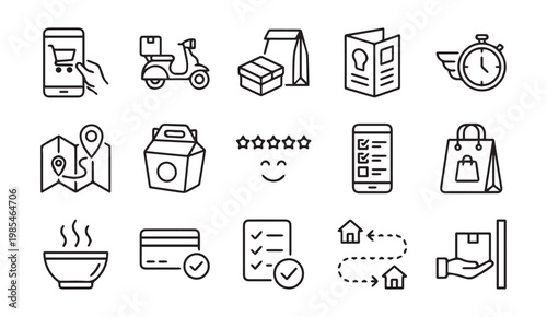 Online food delivery and e commerce service line icon set with e commerce