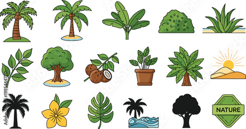 Tropical Nature and Plants Vector Set Featuring Palm Trees Bush Leaves Coconut and Landscape Icons