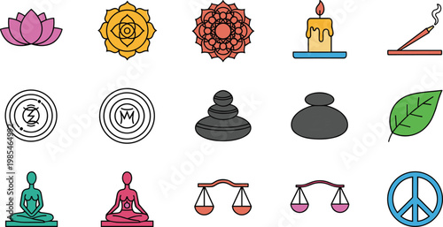 Yoga Meditation and Spiritual Symbols Vector Set Featuring Lotus Chakra Candle Incense Zen and Peace Icons