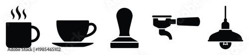 Collection of essential coffee icons including steaming mug cup tamper portafilter and pendant lamp perfect for cafe menus branding and digital graphic applications showcasing coffee culture