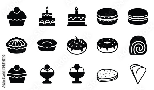 Variety of delicious confectionery icons featuring cupcakes, birthday cakes, macarons, tarts, and donuts ideal for pastry shop branding or sweet treat event promotions.