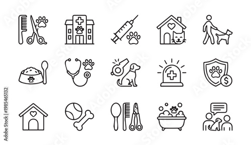 Veterinary care and pet services line icon set with veterinary, grooming