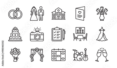 Wedding planning and marriage ceremony line icon collection with marriage
