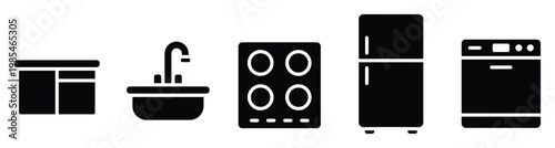 Essential kitchen equipment pictograms featuring cabinetry, sink, cooktop, refrigerator, and dishwasher for household planning and user interface applications