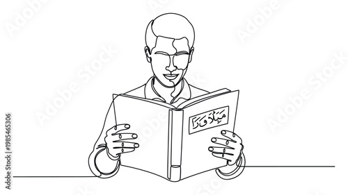 Continuous line drawing of a smiling man engrossed in reading an open book featuring Arabic script on its cover perfect for educational materials and themes of personal development