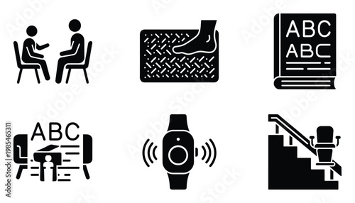 Comprehensive glyph icon set depicting therapy, foot massage, education, smart wearable technology, and stairlift mobility aids for diverse health and wellness applications.