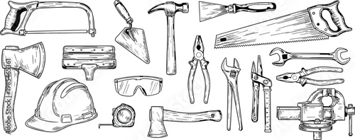 Professional Hand Tool Set Illustration Featuring Hammer Saw Axe Pliers and Safety Gear for Construction Carpentry Hardware and Industrial Workshop Projects