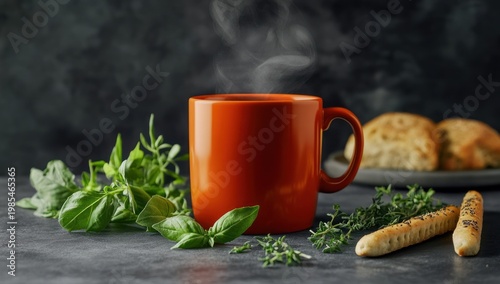 Steaming Hot Coffee in Red Mug with Herbs and Bread.
