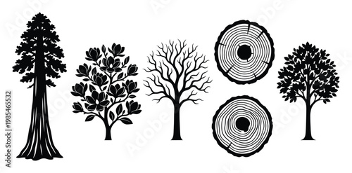 Stylized tree silhouettes pack featuring a giant redwood, a flowering magnolia, a bare branched tree, a full leafy tree, and distinct wood log crosssections, perfect for nature themed