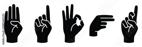 Set of distinct hand gestures and finger signals, perfect for illustrating numerical values, sign language alphabets, or nonverbal communication in various informational projects.