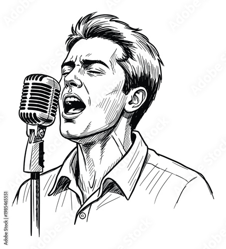 Energetic male vocalist singing passionately into a vintage microphone capturing live performance and musical expression for entertainment promotion