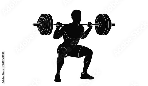 A strong muscular man performs a barbell back squat exercise in a dynamic pose depicted as a striking silhouette high quality professional detailed modern