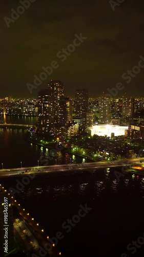 佃のマンション群と隅田川と佃大橋と佃中学校の夜景