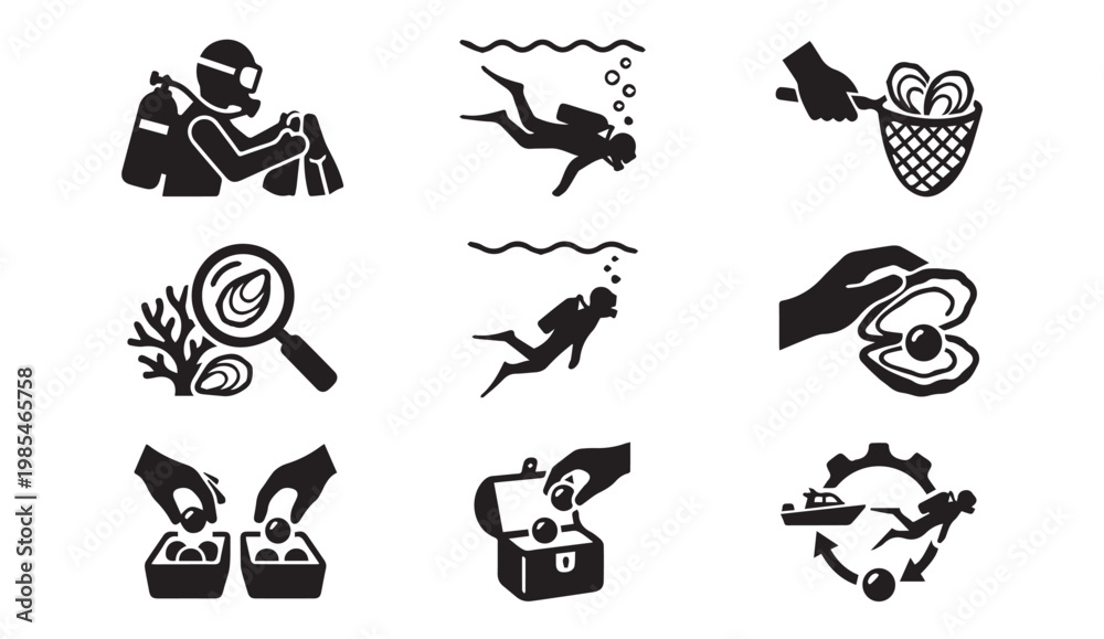 Fototapeta premium Scuba diving pearl harvesting treasure hunting vector icons collection
