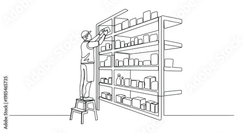 Diligent worker carefully stocking products on tall retail shelves using a step stool, ideal for showcasing warehouse management, inventory control, and efficient store operations.
