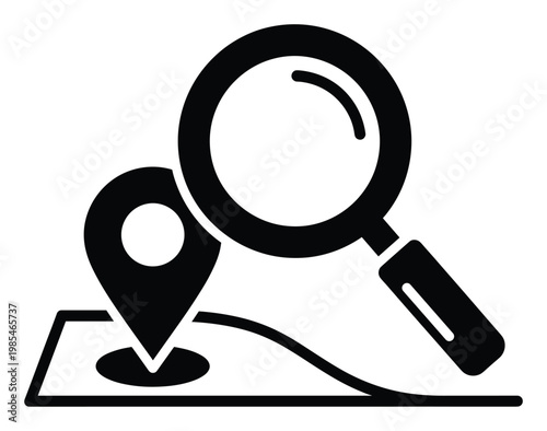 Magnifying glass icon overlaying a map with a GPS location pin symbolizing local search, geographic discovery, or exploring new destinations for various digital and print applications.