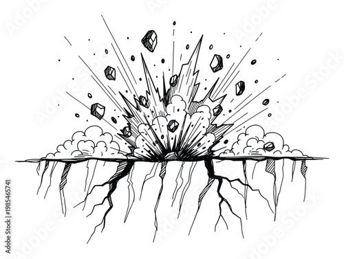 Dynamic handdrawn explosion shattering the ground with flying debris and smoke clouds, perfect for conceptual graphic design, game development, or powerful visual effects.