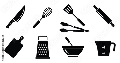 Collection of essential cooking and baking kitchen utensils and equipment perfect for culinary themed projects recipe illustrations and home cooking guides