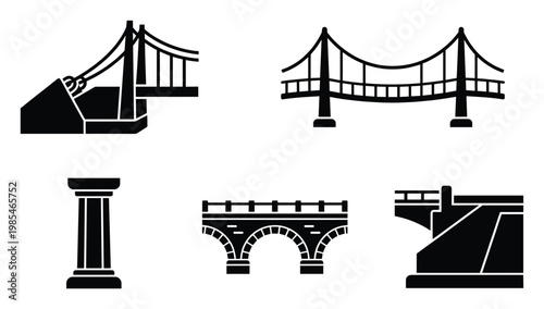 Various bridge types and structural column icons for architectural engineering presentations, transportation infrastructure design, construction industry visuals, and urban planning