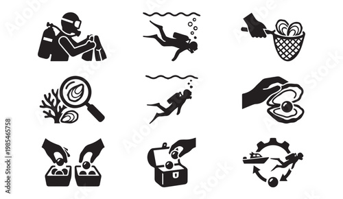 Scuba diving pearl harvesting treasure hunting vector icons collection