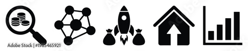 Essential business and finance icons depicting money search, network connection, startup investment, housing market growth, and statistical data charts for professional presentations and