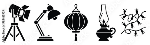 Versatile set of lighting device icons including a studio spotlight, adjustable desk lamp, ornate Chinese lantern, vintage oil lamp, and whimsical string lights, useful for design projects