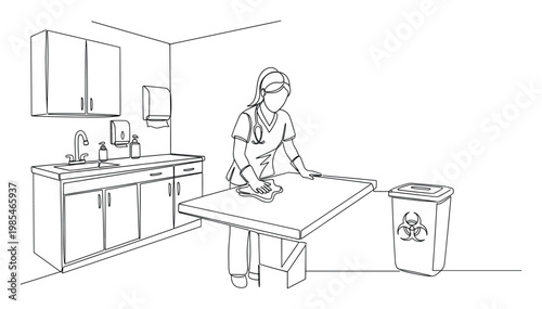 Healthcare professional wearing scrubs and gloves diligently cleaning an examination table with a cloth in a medical clinic room, maintaining strict hygiene standards.