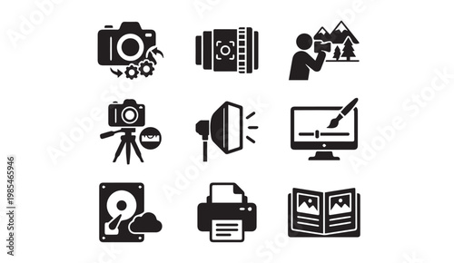 Photography videography digital media production vector icons set with computer