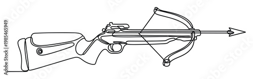 Continuous line drawing of a modern crossbow weapon with an arrow ready for shooting, perfect for hunting, sports, outdoor activities, or minimalist graphic designs.
