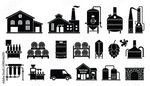 Brewery and distillery production vector icons illustrating beverage manufacturing process, equipment, and facilities suitable for industrial diagrams and educational materials.