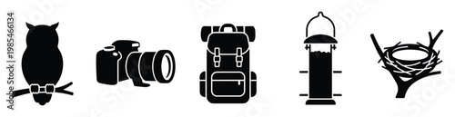 Comprehensive collection of nature observation and outdoor activity icons featuring an owl, camera, backpack, birdfeeder, and nest, perfect for ecological projects and wildlife enthusiast