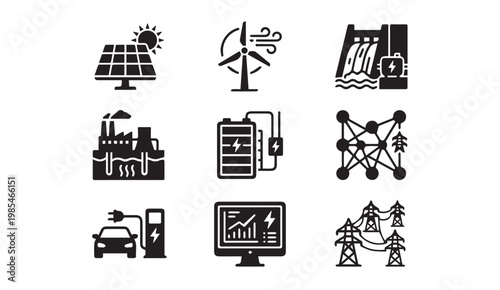 Renewable energy sources and sustainable power generation black glyph icons set