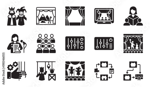Theater stage production and performance entertainment black glyph icons set