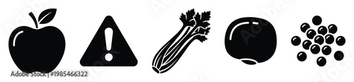 Food and safety warning symbol pictogram set for nutritional information allergy alerts educational materials and healthy lifestyle presentations
