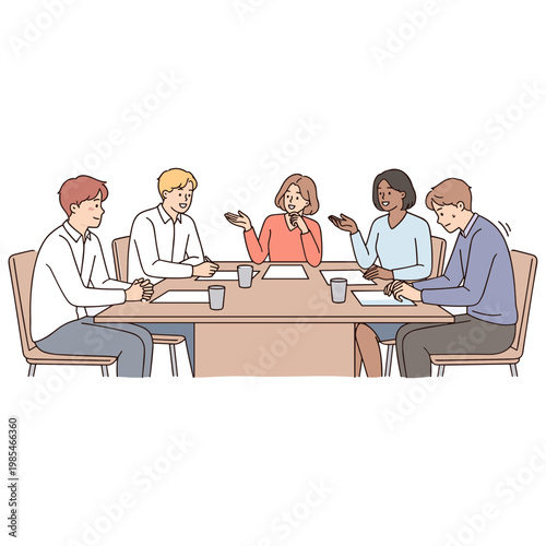 A woman presents to a diverse group of people sitting around a table.