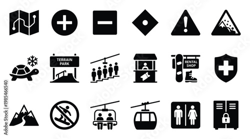 Comprehensive collection of ski resort and mountain activity icons for various informational signage, mapping applications, and user interface designs