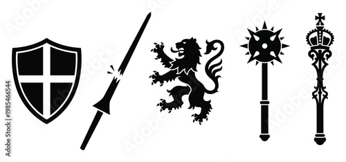 Black silhouettes of iconic medieval heraldic symbols including a shield with a cross, a broken sword, a rampant lion, a spiked mace, and a royal scepter, perfect for historical themes and