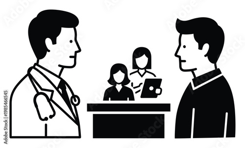 Physician consulting with a male patient while clinic receptionists manage administrative tasks at the front desk, ideal for showcasing medical appointments and healthcare services.